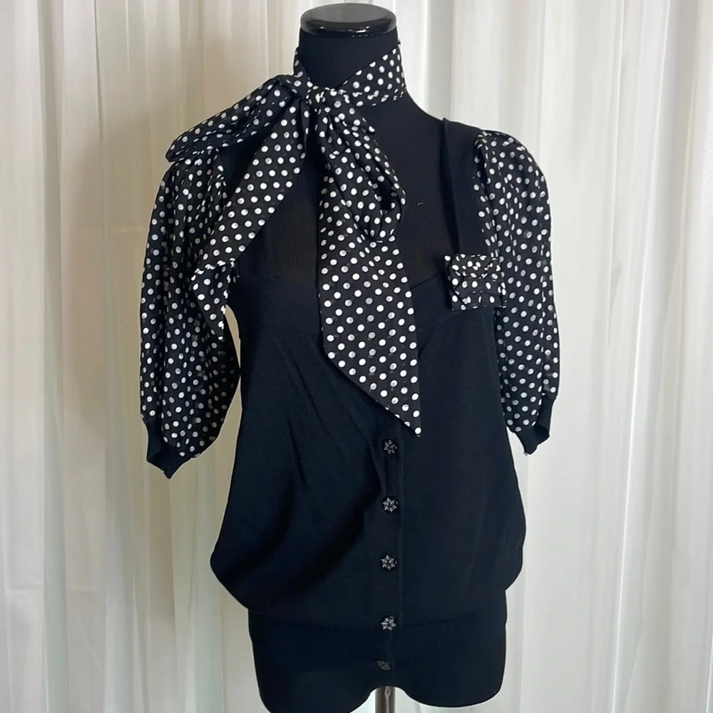 2-pc Black with white Polka dotted YUKA Blouse, size L